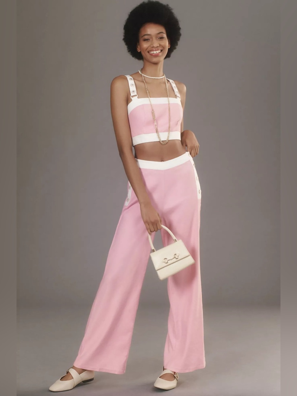 Anthropologie Maeve Square-Neck pink-white button Cropped Linen Tank Top - Picture 5 of 10